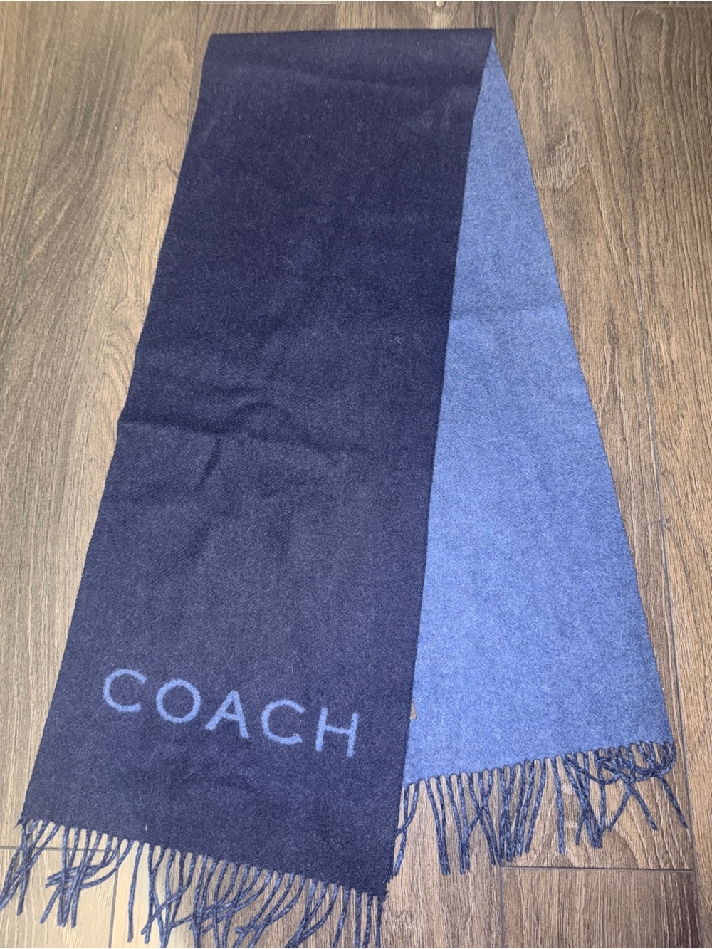 COACH Reversible Navy and Light Blue Wool Scarf with Logo